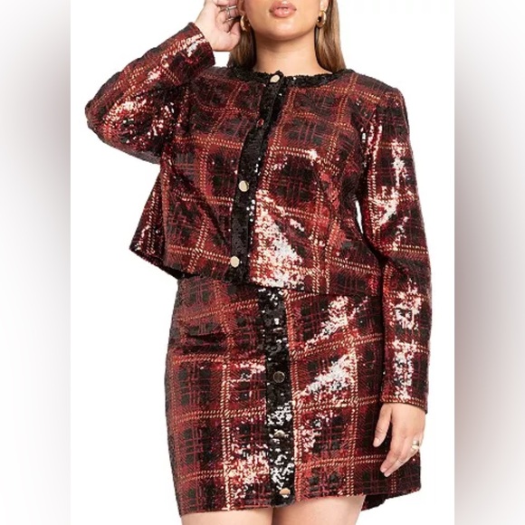 Eloquii Jackets & Blazers - Glam sequin crop plaid NWT Eloquii jacket blazer snap button party red gold 18